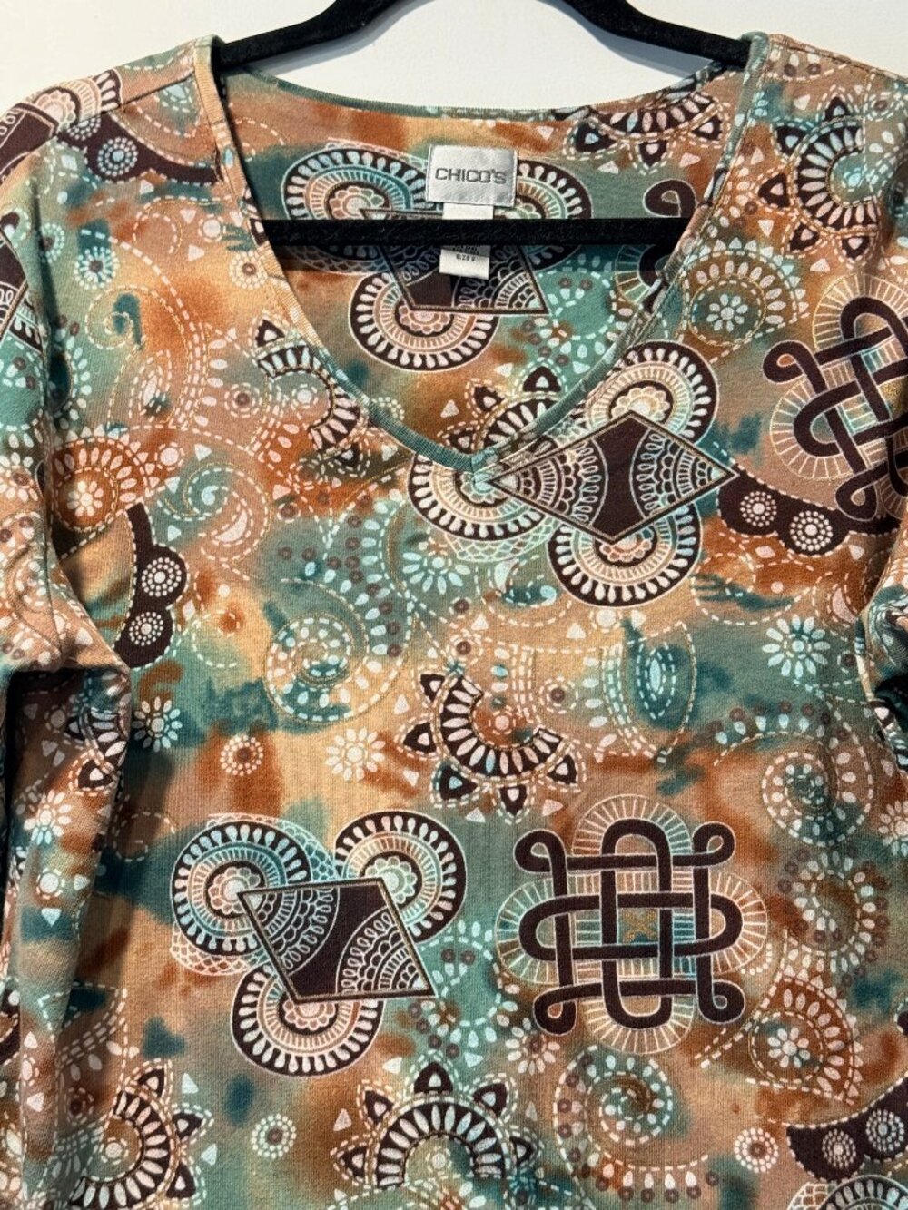 Chico's Floral & Asymmetrical Print Long-Sleeve V-Neck Tee in Brown & Teal
